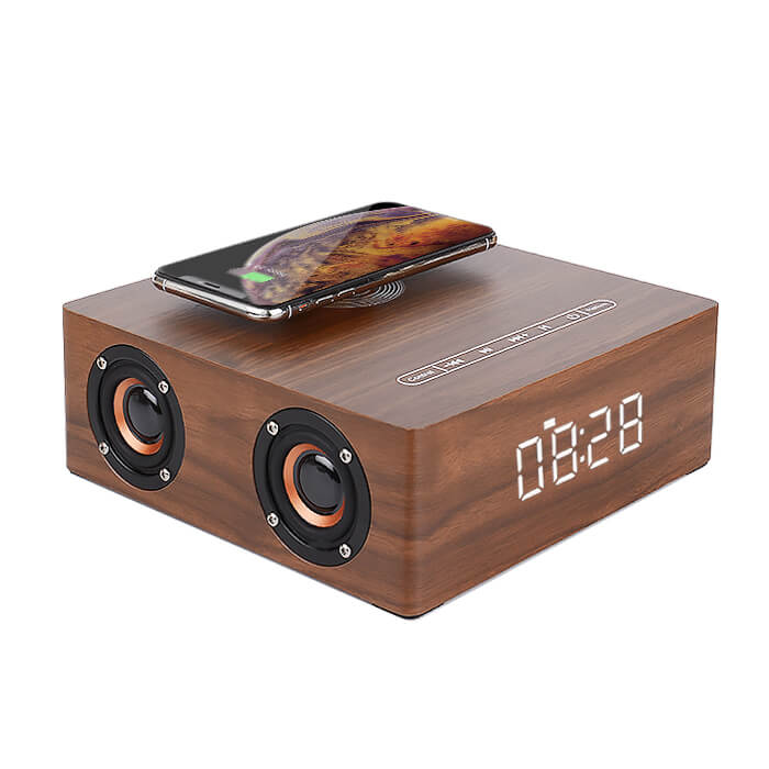 Деревянная беспроводная Bluetooth-колонка Wooden Speaker с функциями пауэрбанка, часов, будильника и Qi-зарядки
