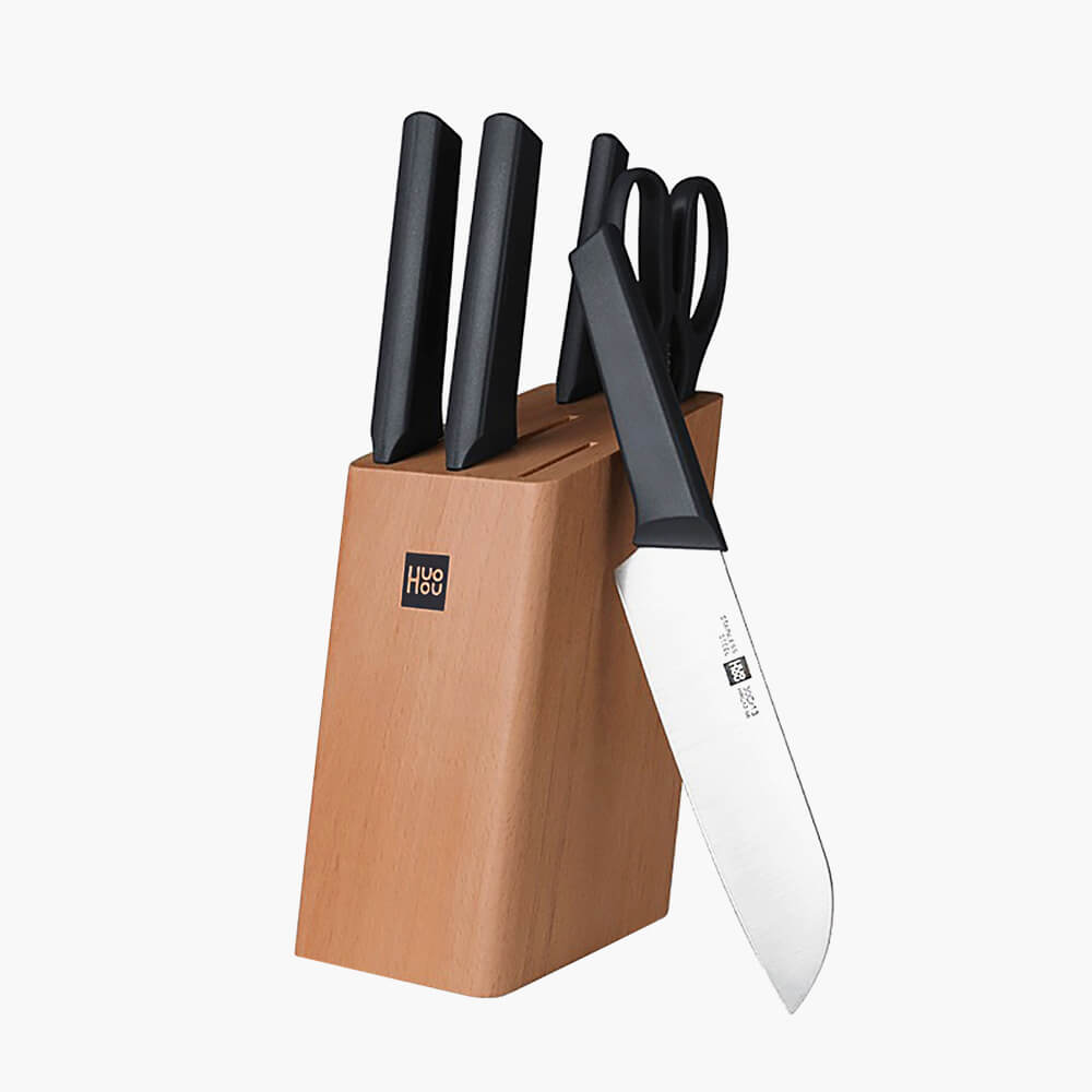 Набор кухонных ножей Xiaomi HuoHuo HU0057 из немецкой стали с ножницами и подставкой из натуральной древесины