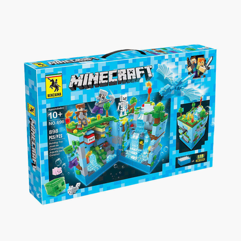 Конструктор с LED-подсветкой Renzaima Minecraft «Ледяная крепость», 898 деталей, 8 фигурок персонажей и монстров