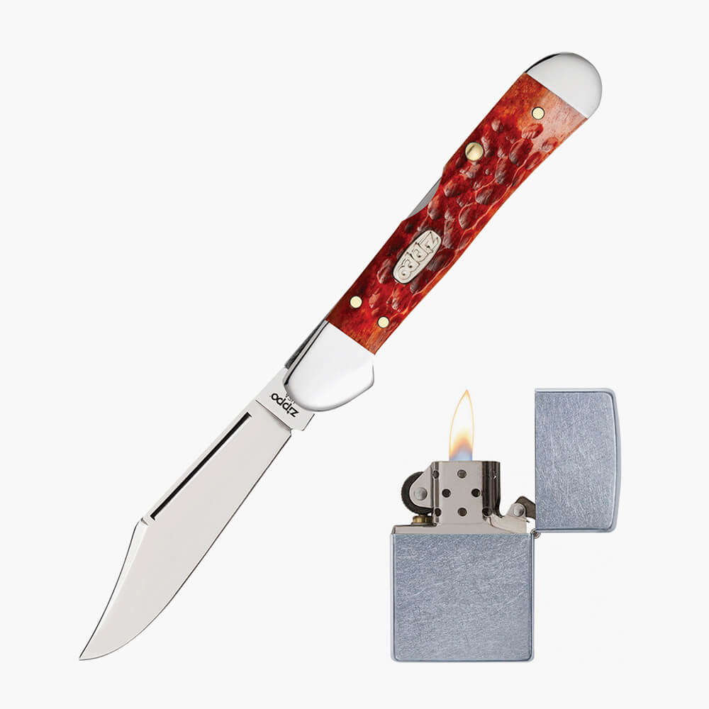 Подарочный набор Zippo Adventurer Set 90th Anniversary: бензиновая зажигалка и складной нож с костяной рукоятью