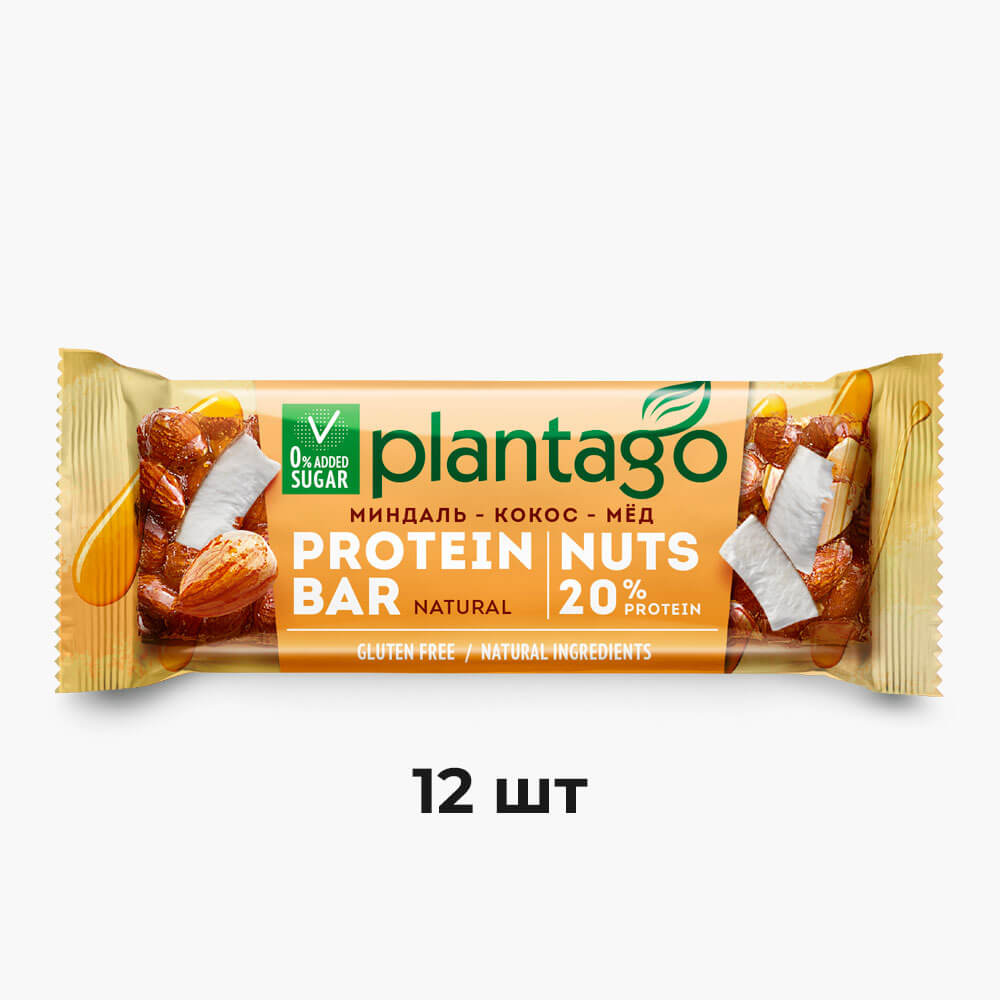 Протеиновый батончик Plantago Protein Bar без добавленного сахара, 20% белка, 12 шт.