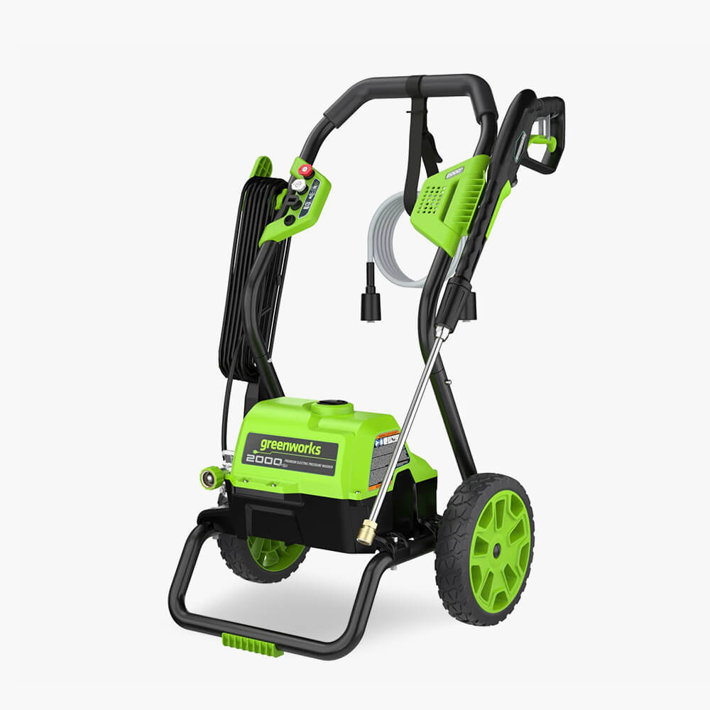 Мойка высокого давления Greenworks GPW2000: технология распыления Jet-140 bar, 4 насадки и система компактного хранения